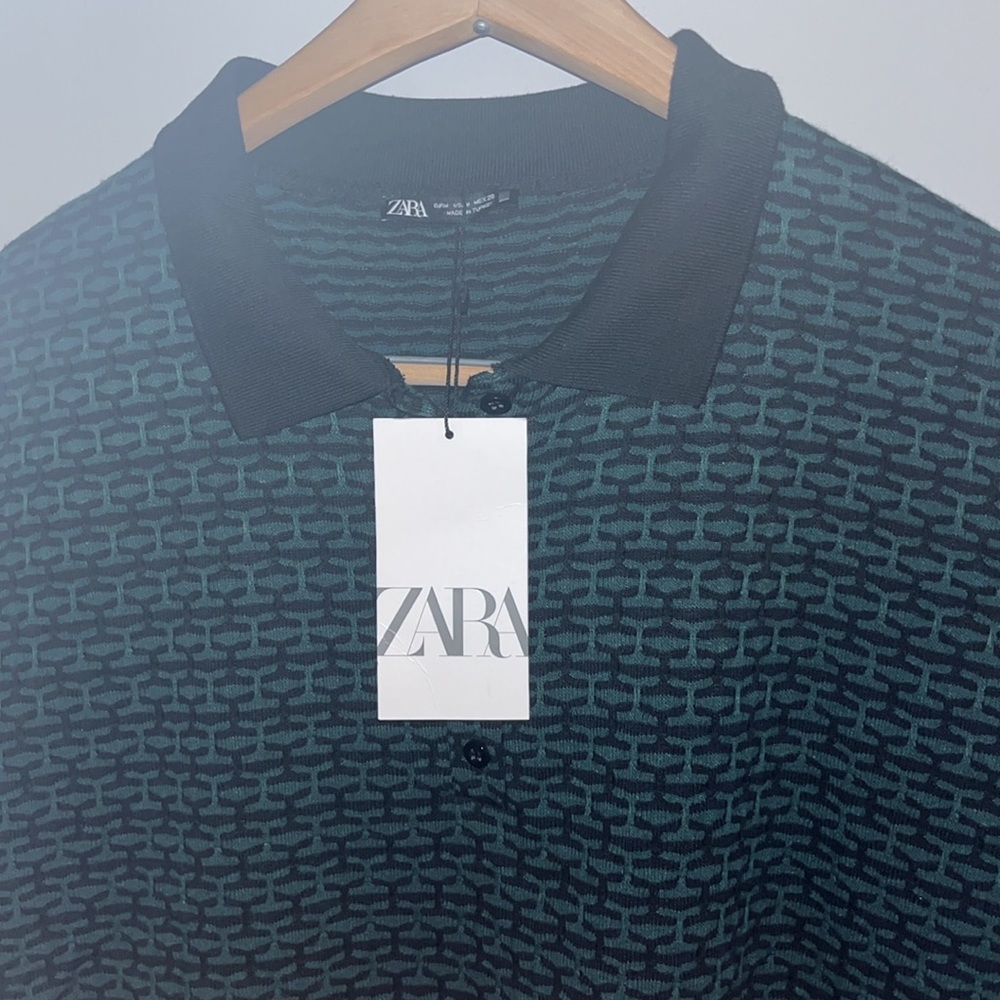 Men’s Green & Black Zara Medium Tall Short Sleeve 4 Button Collared Polo Shirt